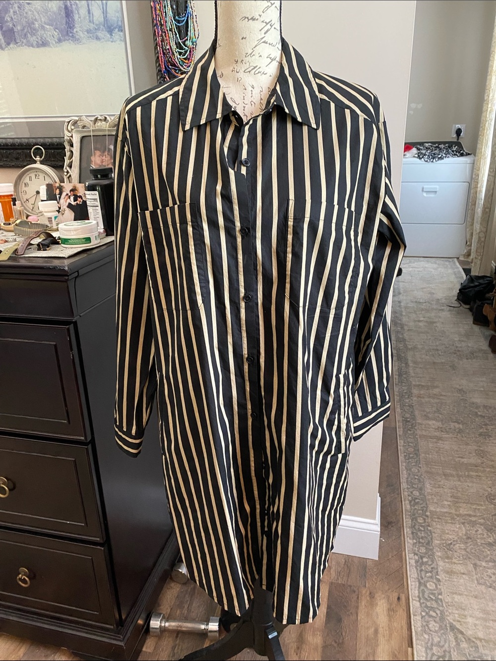 VENUS Black and Cream Vertical Stripe Midi Dress